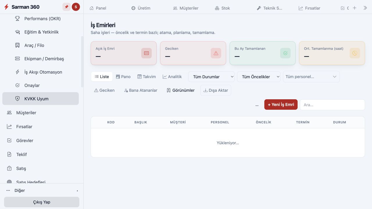 İş Emirleri modülünün gerçek ekranı