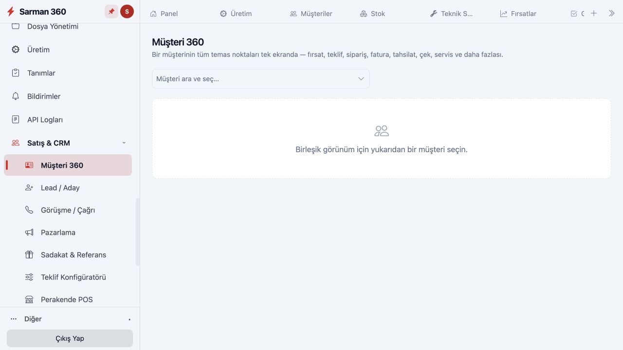 Müşteri 360 modülünün gerçek ekranı