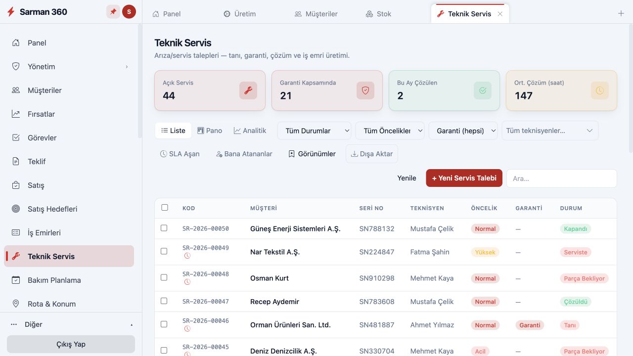 Teknik Servis modülünün gerçek ekranı